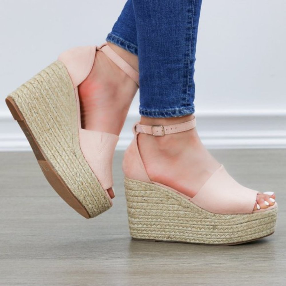 Blush Faux Suede Wedge Peep Toe Espadrille Sandal - Picture 8 of 8